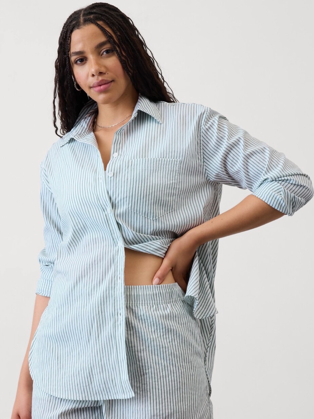 Athleta Midday Oversized Poplin Button Down Shirt Striped Green White Size Xl